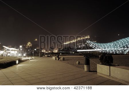 Night View Of Tbilisi Old Town With Ancient Churches, Castle And President Palace