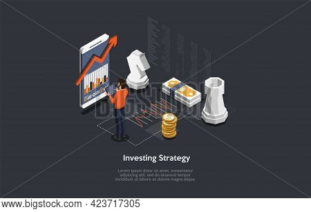 Finance Investing Business Plan Strategy Concept Design. Vector Illustration In Cartoon 3d Style On 