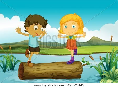 Illustration av en flicka och en pojke ovanför en stam som flyter i floden