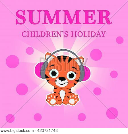 Tiger Cub Listens To Music.tiger Cub On A Pink Background Listens To Music On Headphones