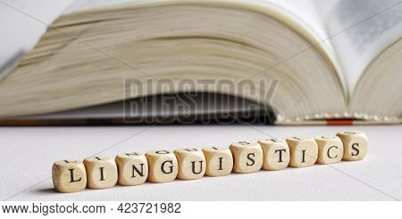 Word Linguistics Made From Wooden Cubes Next To An Open Book. The Concept Of Studying Linguistics An