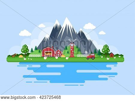 Cute Cartoon Farm Animals Vector Illustration With Cow, Horse, Chicken, Duck, Or Sheep. For Postcard