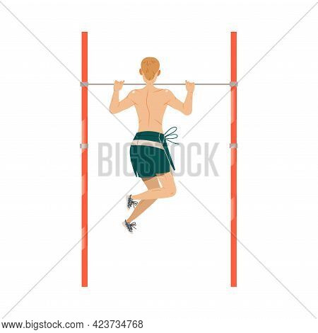 Young Man Character Doing Chin Up Or Pull Ups As Sport And Physical Exercise Training Body And Muscl