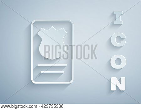 Paper Cut Police Badge With Id Case Icon Isolated On Grey Background. Paper Art Style. Vector