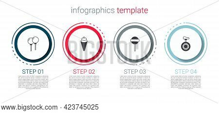 Set Balloons With Ribbon, Ice Cream In Waffle Cone, Lollipop And Unicycle Or Wheel Bicycle. Business