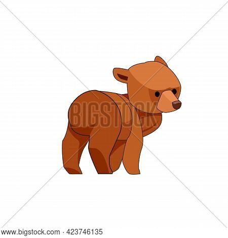 The Bear Cub Walks And Looks Around In Surprise. Rear View. Cartoon Character Of A Baby Mammal Anima
