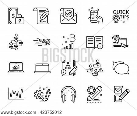 Vector Set Of Confirmed Mail, Work Home And Online Statistics Line Icons Set. Laptop, Music Phone An