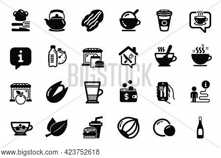 Vector Set Of Food And Drink Icons Related To Peas, Tea Cup And Food Icons. Market, Mint Leaves And 