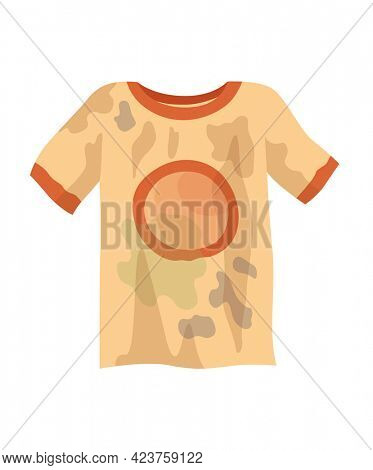 Dirty clothes. Grease stained tshirt. Laundry mud stains on garments. Uncleanliness t-shirt. Symbol of mess. Apparel with stains