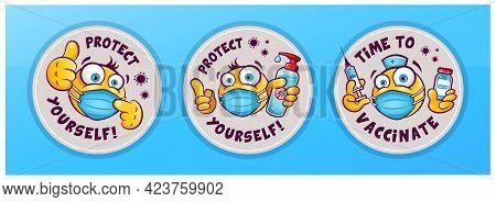 Coronavirus Protection Signs. Emoticons In Medical Masks. Vector Set. Stickers Or Icons With Smiles 