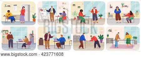 Business Meeting Or Working Process In Head Office Scenes Set. Project Management And Teamwork Conce