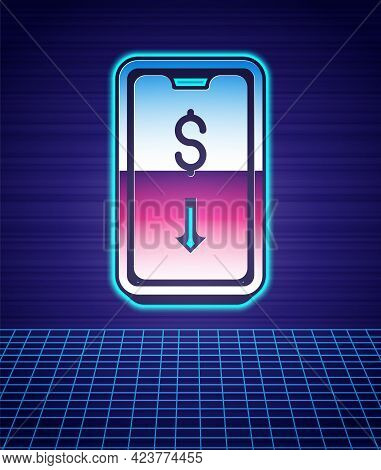Retro Style Mobile Stock Trading Concept Icon Isolated Futuristic Landscape Background. Online Tradi