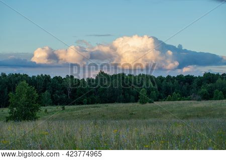Above Dense Green Forest With Meadow Floating Bright Dramatic Cumulus Clouds In Evening In Summer.