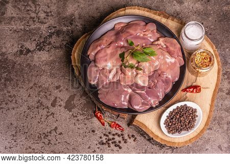 Raw Chicken Liver With Spice Set Ready For Cooking