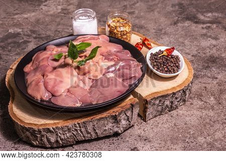 Raw Chicken Liver With Spice Set Ready For Cooking