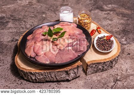 Raw Chicken Liver With Spice Set Ready For Cooking