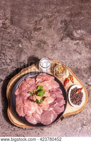 Raw Chicken Liver With Spice Set Ready For Cooking