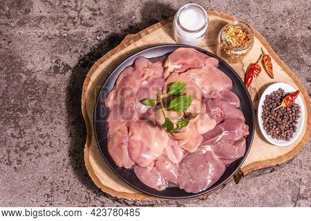 Raw Chicken Liver With Spice Set Ready For Cooking