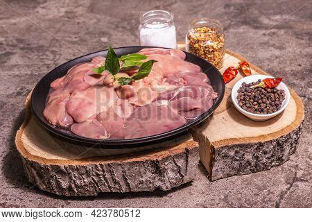 Raw Chicken Liver With Spice Set Ready For Cooking
