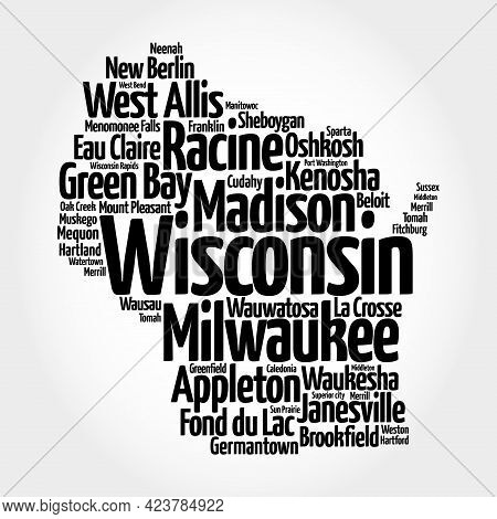List Of Cities In Wisconsin Usa State, Map Silhouette Word Cloud, Map Concept Background