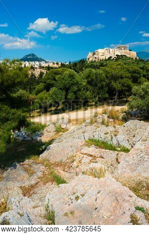 Famous greek tourist landmark - the iconic Parthenon Temple at the Acropolis of Athens as seen from Philopappos Hill, Athens, Greece