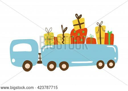 Full Truck Full Of Gifts For The Christmas, New Year Or Birthday Party. Cartoon Hand Drawn Vector Il