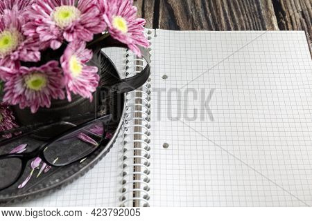 Notebook, Pen, Chrysanthemums In A Vase And Decorative Scissors. Businesswoman Set. Case Planning Co