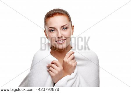 Portrait Of Pretty Redheaded Woman With Fresh Sking And Natural Professional Makeup Isolated On Whit