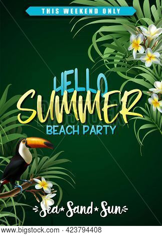 Vector Summer Sale Banner Template With Tropical Leaves And Tukan Bird.