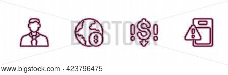 Set Line Worker, Dollar Rate Decrease, Global Economic Crisis And Icon. Vector