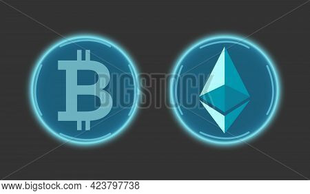 Ethereum Cryptocurrency And Bitcoin In Blue On A Gray Background. Digital Currency Symbols. Global B