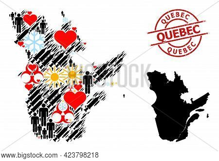 Scratched Quebec Stamp Seal, And Heart Men Covid-2019 Treatment Mosaic Map Of Quebec Province. Red R