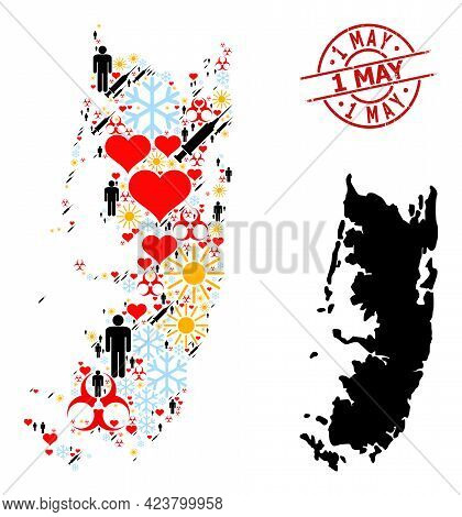 Textured 1 May Badge, And Heart Men Syringe Collage Map Of Pemba Island. Red Round Badge Has 1 May C