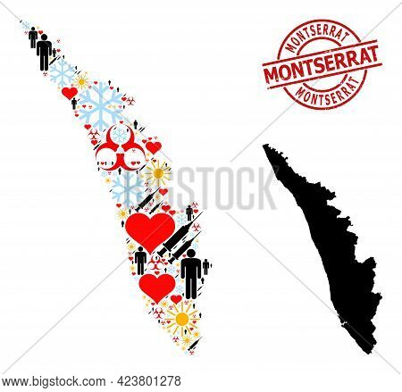 Rubber Montserrat Stamp Seal, And Sunny Man Inoculation Collage Map Of Kerala State. Red Round Stamp
