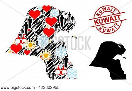 Textured Kuwait Stamp Seal, And Spring Humans Syringe Mosaic Map Of Kuwait. Red Round Stamp Seal Inc