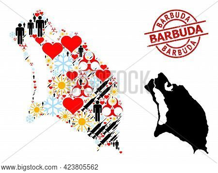 Scratched Barbuda Stamp, And Winter Humans Covid-2019 Treatment Collage Map Of Barbuda Island. Red R