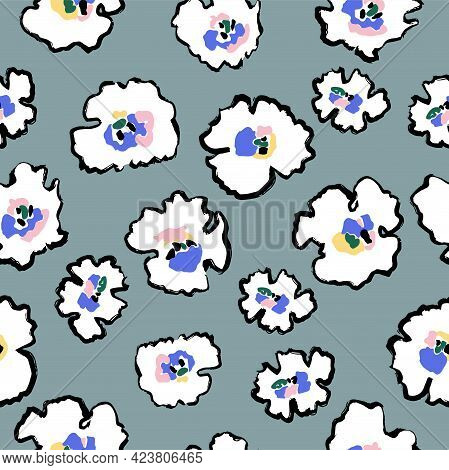 Vector Hand-drawn Abatract Pen Brush Drawing Flower Illustration Motif Seamless Repeat Pattern Digit