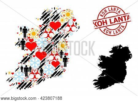 Distress Koh Lanta Seal, And Lovely Man Virus Therapy Mosaic Map Of Ireland Island. Red Round Stamp 