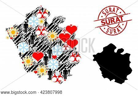 Textured Surat Stamp Seal, And Winter People Syringe Collage Map Of Chandigarh City. Red Round Stamp