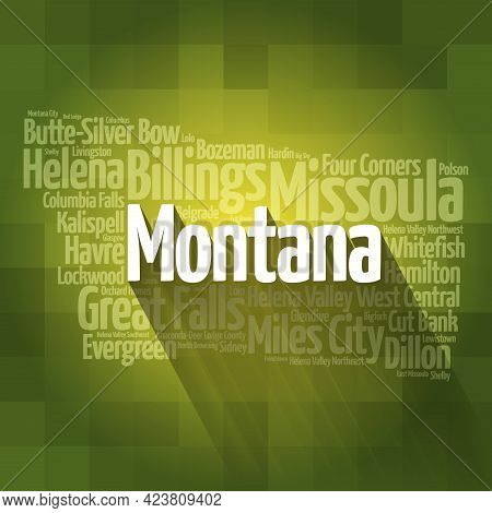 List Of Cities In Montana Usa State, Map Silhouette Word Cloud, Map Concept Background