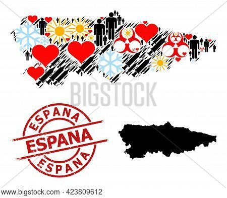 Grunge Espana Stamp Seal, And Heart Patients Covid-2019 Treatment Mosaic Map Of Asturias Province. R