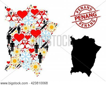 Scratched Penang Seal, And Winter Demographics Syringe Collage Map Of Penang Island. Red Round Seal 