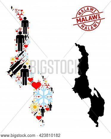 Distress Malawi Stamp Seal, And Winter Man Syringe Collage Map Of Malawi. Red Round Stamp Seal Inclu