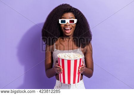 Photo Of Excited Black Woman Happy Positive Smile Watch Movie 3d Glasses Eat Popcorn Isolated Over V