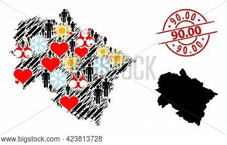 Grunge 90.00 Seal, And Heart Humans Syringe Collage Map Of Uttarakhand State. Red Round Seal Include