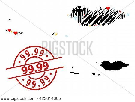 Grunge 99.99 Badge, And Lovely Population Virus Therapy Collage Map Of Socotra Archipelago. Red Roun