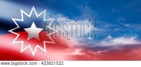 Juneteenth Flag With Flying Birds In Blue Cloudy Sky. Since 1865. Design Of Banner With Place For Te
