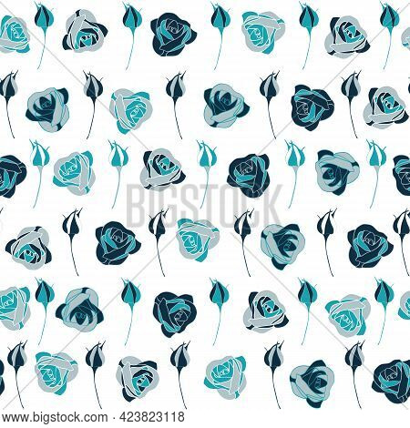 Vector Seamless Pattern With Different Blue Roses