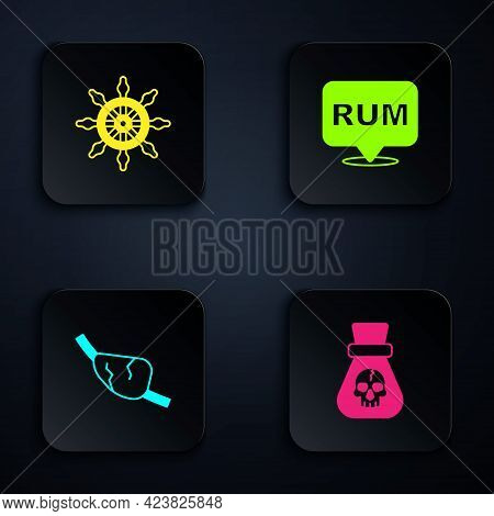 Set Pirate Coin, Ship Steering Wheel, Eye Patch And Alcohol Drink Rum. Black Square Button. Vector