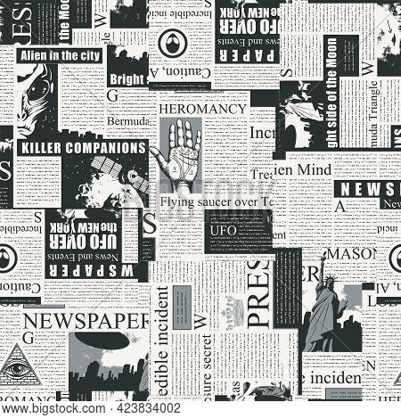 Black And White Seamless Pattern With A Collage Of Newspaper Clippings. Abstract Background With Unr